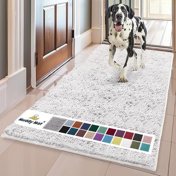 Muddy Mat® | Super Absorbent Door Mat Indoor, Microfiber Quick Dry Chenille Entryway Rug, Non-Slip Front Door Mat, Indoor Mats for Entryway, Machine Washable Pet Rug, White 24" x 72"
