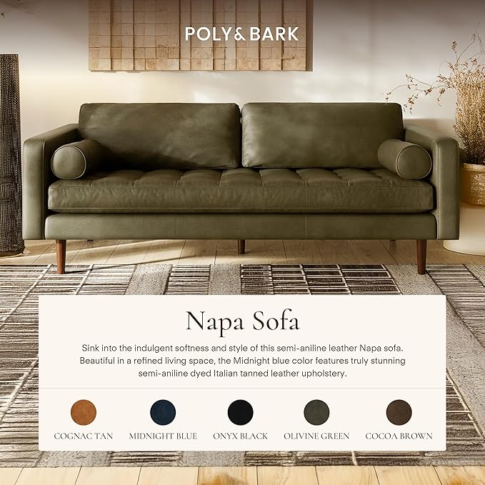 Poly & BARK Napa 88.5" Leather Sofa – Full-Grain Italian-Tanned Aniline Leather, Feather-Down Comfort, Solid Wood Frame, Walnut Legs, Olivine Green