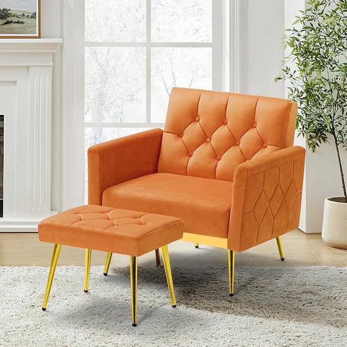 Velvet Accent Chair w/Adjustable Armrests and Backrests, Tufted Single Sofa with Ottoman, Upholstered Reading Chiar for Living Room, Apartment, Bedroom, Orange