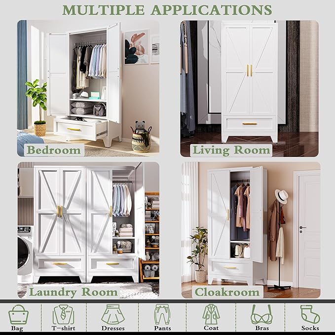 Metal Armoire Wardrobe Closet,71" Tall White Storage Cabinet with Hanging Rod,1 Drawers & 1 Adjustable Shelves,Heavy-Duty Steel Wardrobe for Bedroom, Garage, and Office