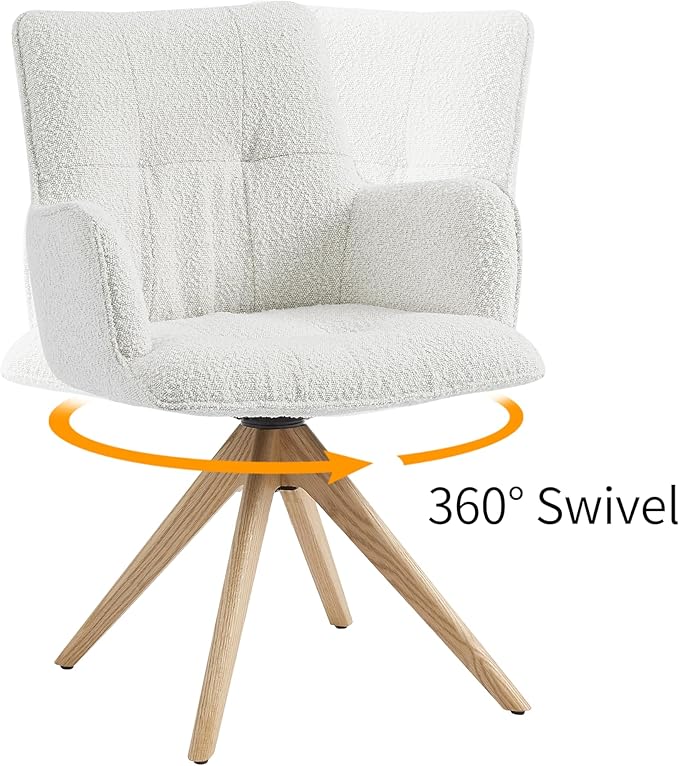 Art Leon Mid Century Swivel Chair - Boucle Fabric Upholstered Desk Chair No Wheels, Accent Armchair with Oak Wood Legs for Small Space Living Room Bedroom, Set of 2, Off White