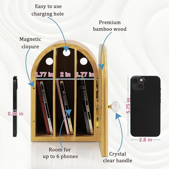 Phone Box for Family Time, Bamboo Cell Phone Jail, 3 Sections Hold 6 Phones, with Charging Holes, Phone Holder Self-Discipline Box, Help Kids Adults Focus Back, Mobile Phone Addiction (Wood)
