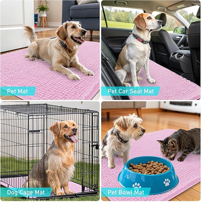 OLANLY Dog Door Mat for Muddy Paws 59x35, Absorbs Moisture and Dirt, Absorbent Non-Slip Washable Doormat, Quick Dry Chenille Mud Mat for Dogs, Entry Indoor Entryway Carpet for Inside Floor, Pink