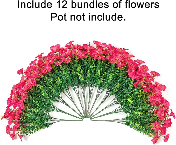Fake Plants Artificial Flowers for Outdoor Outside Decor, 12 Bundles Faux Flowers Silk Hot Pink Morning Glory with Eucalyptus Look Real UV Resistant Faux Greenery for Planter Front Door Porch Patio