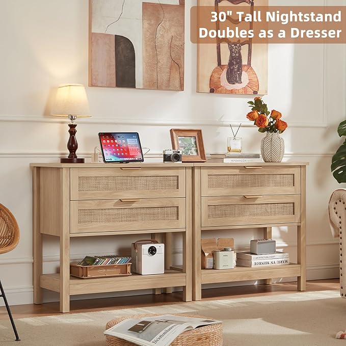 LEYAOYAO 31.5" Wide Rattan Night Stand Set 2 with Charger Station, Oversized Large Boho Nightstand with 2 Drawer, Natural Wood Bed Side End Tables, Tall Bedside Table for Bedroom Living Room, Hallway