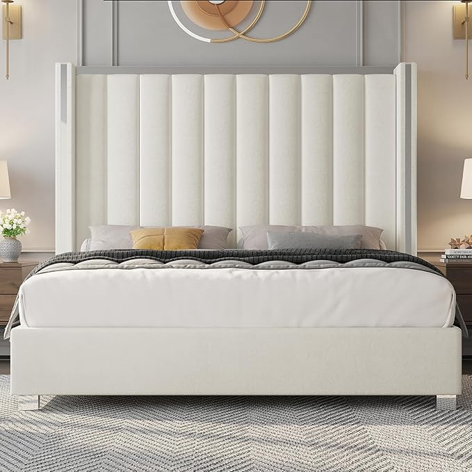 Jocisland Queen Size Bed Frame with 58" Tall Headboard, Platform Velvet Upholstered Bed with Channel Tufted Wingback Headboard and Plating Trim, No Box Spring Needed, White Cream