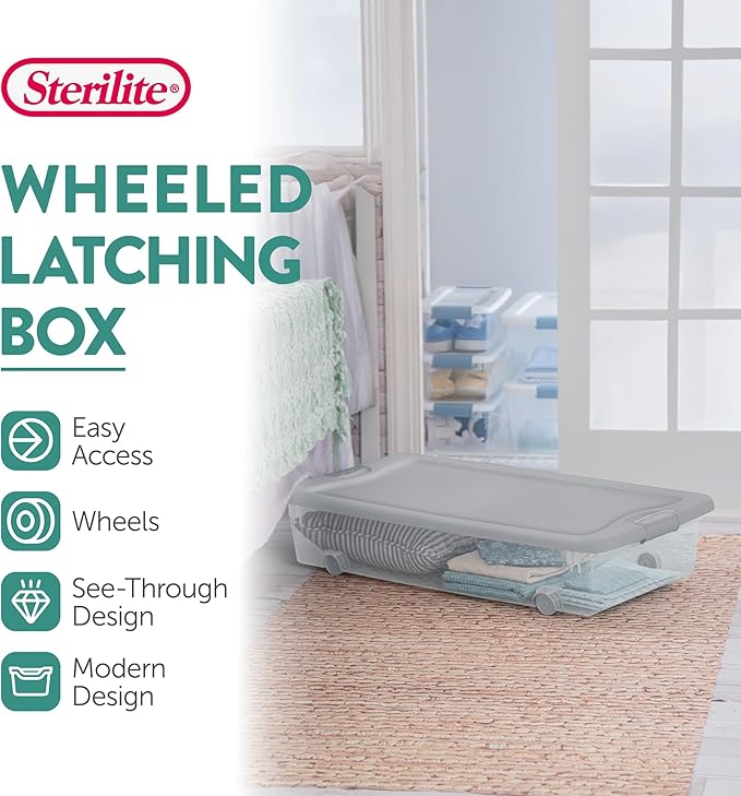 Sterilite 4 Pack Wheeled Under Bed Storage Container, 56 Qt Plastic Bin with Latching Lid for Organization - Clothes & Shoes Organizer, Silver Tint