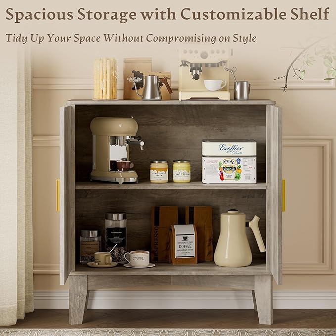 Storage Cabinet with Doors and Adjustable Shelf, Modern Fluted Sideboard Buffet Cabinet, Freestanding Coffee Bar for Kitchen, Pantry, Entryway, Living Room (Weathered Gray)