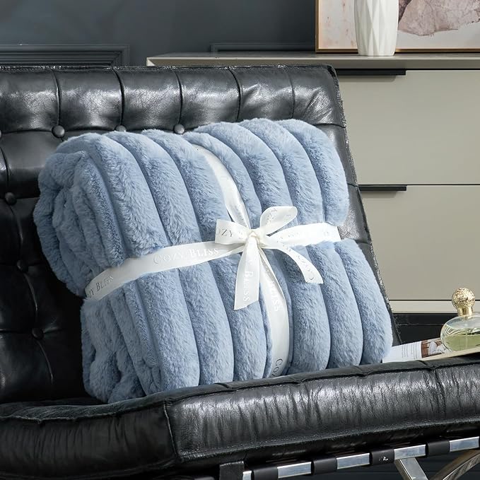 Cozy Bliss Faux Fur Throw Blanket for Couch, Cozy Warm Plush Striped Blanket for Sofa Bedroom Living Room, 108 * 90 Inches Light Blue