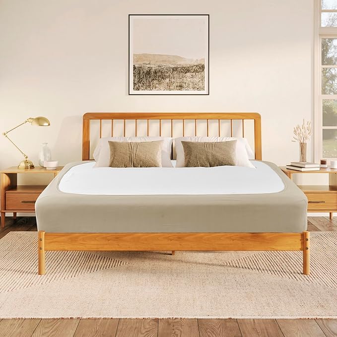 Biscaynebay Decorative Box Spring Cover Queen Size, Light Camel Luxurious Jersey Knitting Stretchy Wrap Around 4 Sides Bed Skirt for Home/Hotels, Easy Fit Wrinkle & Fade Free Machine Washable