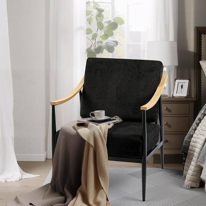 Modern Accent Chair for Living Room Bedroom Mid Century Arm Chair Upholstered Office Accent Chair Comfy Waiting Room Chair with Metal Frame, Black
