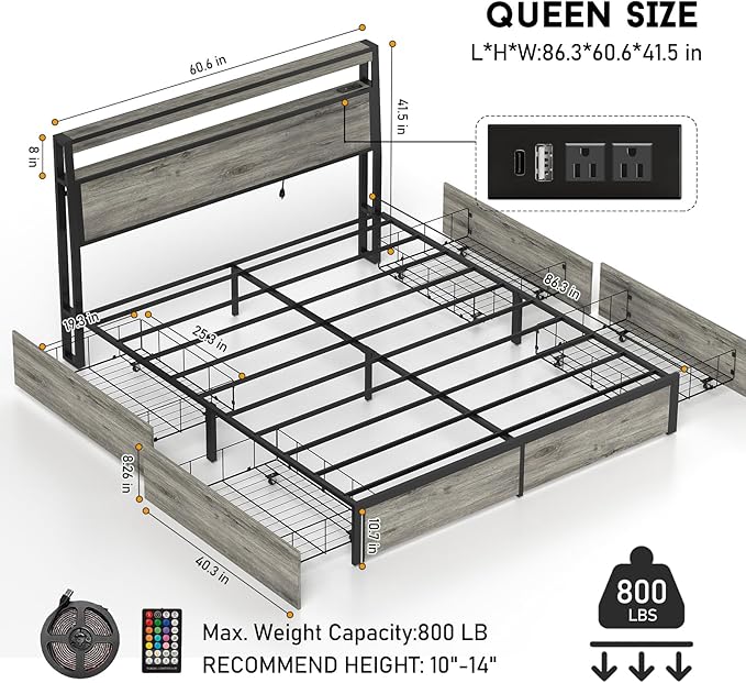 Queen Size Bed Frame with 4 Storage Drawers and Headboard with Charging Station and LED Lights,2 Tier Solid Wood Headboard Storage/Noise Free/No Box Spring Needed/Remote Control/Rustic Grey