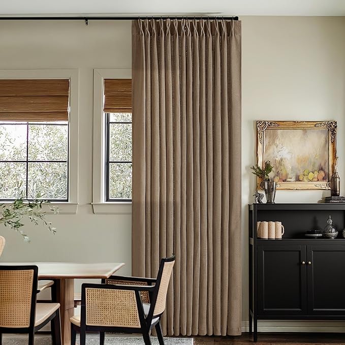 Brown 80 Inch Pinch Pleated Linen Curtains 2 Panels Set for Living Room Bedroom Boho Farmhouse Light Filtering Semi Sheer Back Tab Pinch Pleat Hooks Rings Window Curtain 80 Inches Long Dutch Cocoa