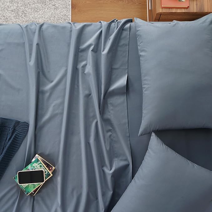 IZOD 100% Egyptian Cotton Sheets Set Twin XL Size, Cotton Percale Crisp Sheet Set 3Pc, Lightweight & Deep Pocket fits Upto 17", Long-Staple Soft Combed, Hotel Style Luxury Bedding Sheet - Blue Slate