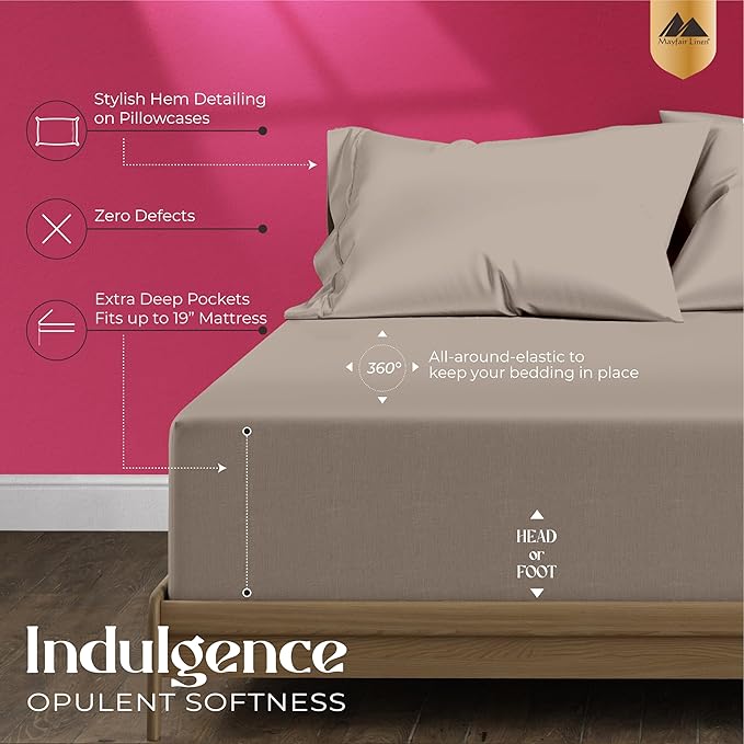 Mayfair Linen 100% Egyptian Cotton Sheets Queen Size - 1200 Thread Count 4 PC Queen Sheet Set Egyptian Cotton, Sateen Luxury Sheet, High Thread Count Sheets, 17" Deep Pocket - Taupe