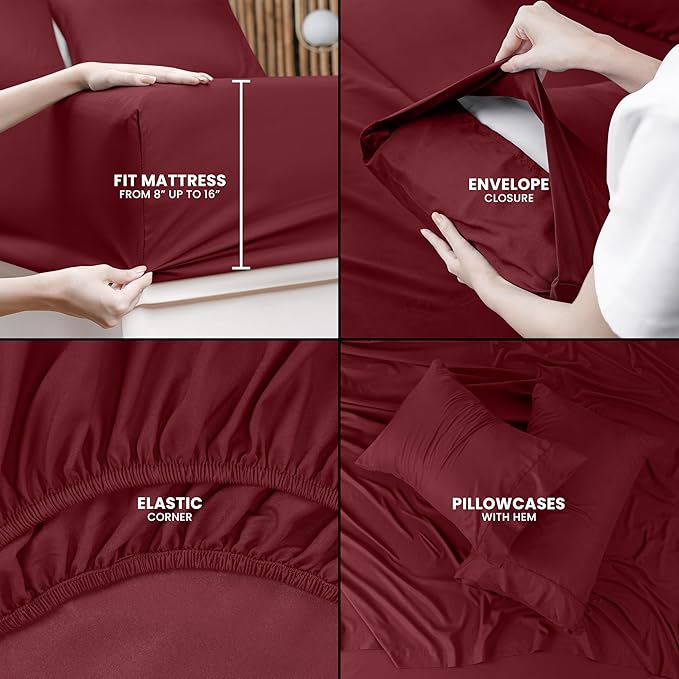 Utopia Bedding King Sheet Set – 4 Piece Bed Sheets for King Size Bed, Soft and Breathable Microfiber, Includes 1 Fitted Sheet, 1 Flat Sheet and 2 Pillowcases (Burgundy)