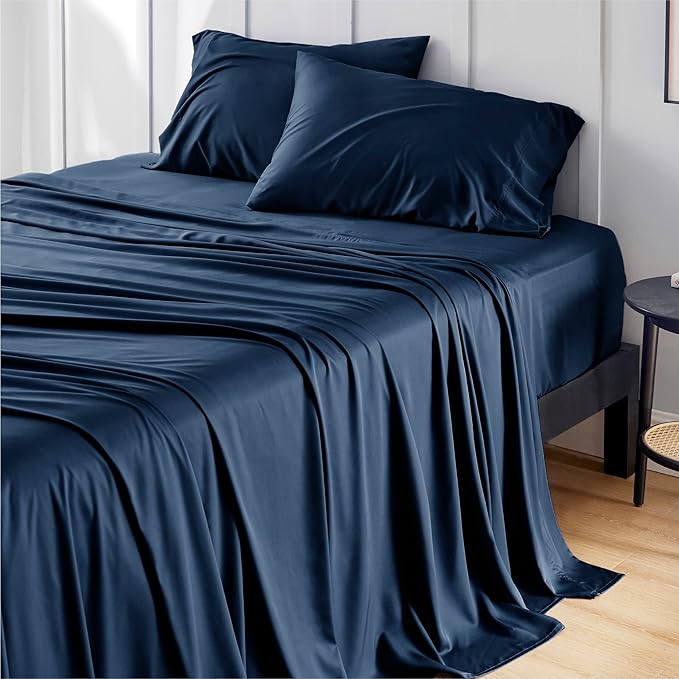 Bedsure Cooling Sheets Twin XL, Rayon Derived from Bamboo, Breathable & Soft Twin XL Sheet Sets, Deep Pocket Up to 16 Inches, Hotel Luxury Silky Dorm Bedding for Hot Sleepers, Navy