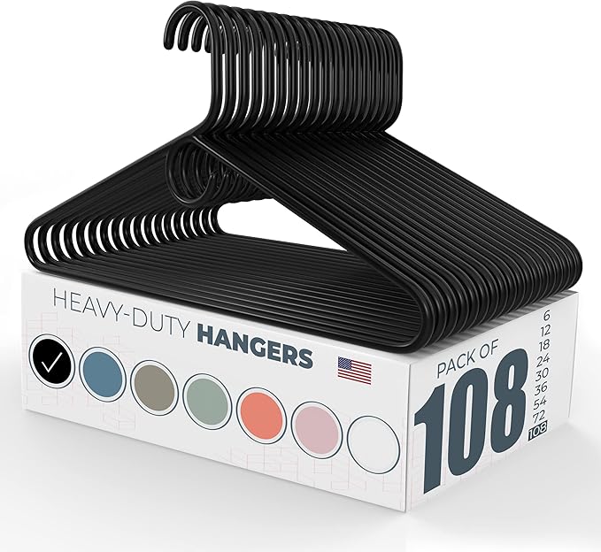 Neaties Heavy Duty Clothes Hangers 100 Pack (108 Count) – Made in The USA – 8lb Capacity Plastic Hangers for Adult Clothing – Durable for Pants, Coats, Jackets, or Jeans – Black