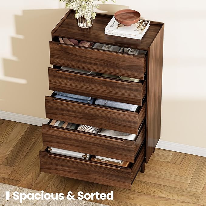 48" Tall Walnut Dresser for Bedroom, Mid-Century Modern 5 Drawer Chest of Drawers with Natural Wood Grain, Slim Vertical Storage Cabinet with Raised Edge Top, Anti-Tip Kit