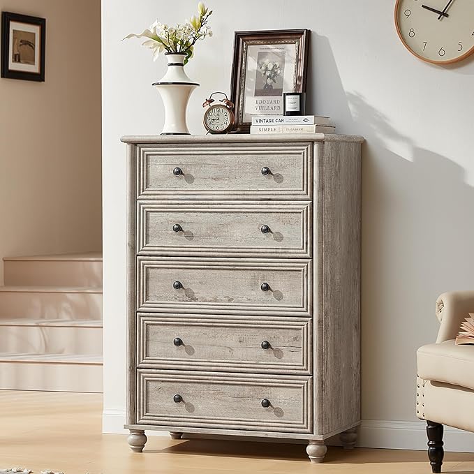 Farmhouse 5 Drawers Dresser for Bedroom, Wood 45" Tall Chest of Drawers, Dresser Rustic Storage Dressers Organizer with Metal Handle Closet for Living Room, Hallway Entryway