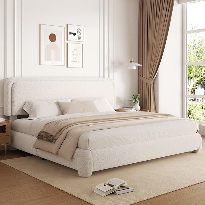 King Size Boucle Bed Frame, Upholstered Cloud Platform Bed Frame with Headboard, Anti-Collision Soft Rounded Corners, No Box Spring Required, Easy Assembly, Noise Free, Adjustable Headboard