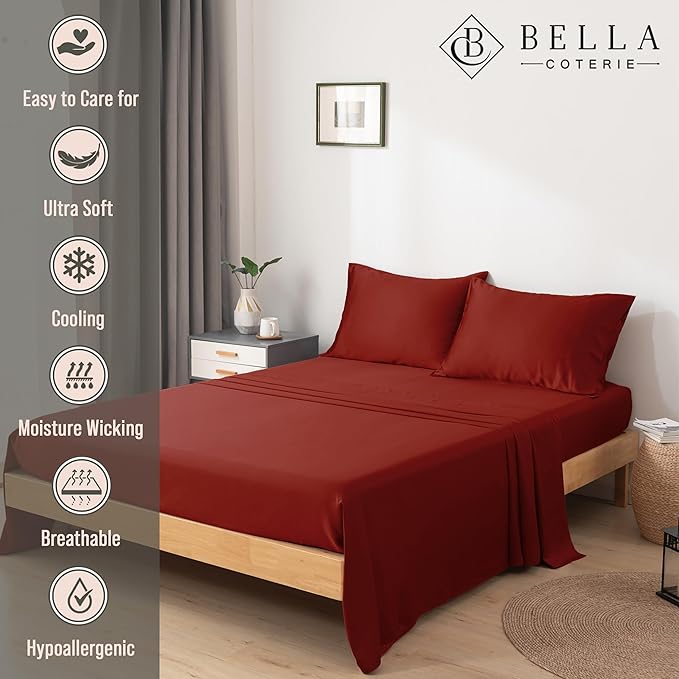 Bella Coterie Luxury Bamboo Viscose Split King Size Sheet Set | 2 Fitted Sheets for Sleep Number & Adjustable Beds | 100% Organically Grown | Cooling & Ultra Soft | 18” Deep Pocket [Merlot]