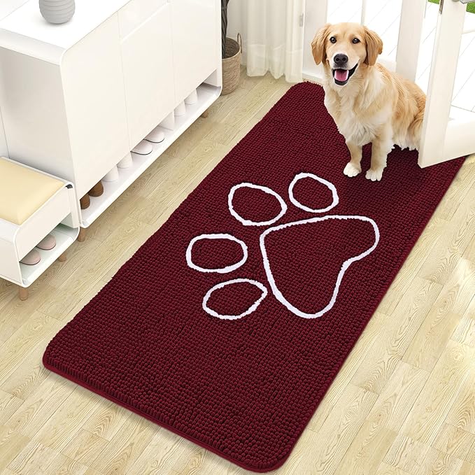 OLANLY Dog Door Mat for Muddy Paws 47x24, Paw Print Design, Absorbs Moisture and Dirt, Absorbent Non-Slip Washable Doormat, Quick Dry Chenille Mud Mat for Dogs, Entry Indoor Entryway Carpet, Burgundy