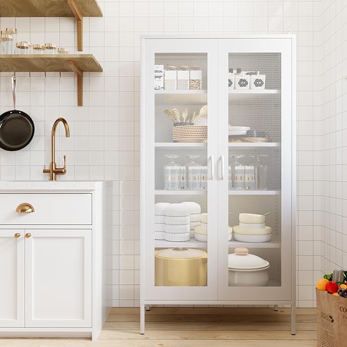 COFaR Modern Mesh Storage Cabinet, Free Standing Tall Pantry, Cupboard Metal Display Cabinet for Living Room, Kitchen, Dining Room