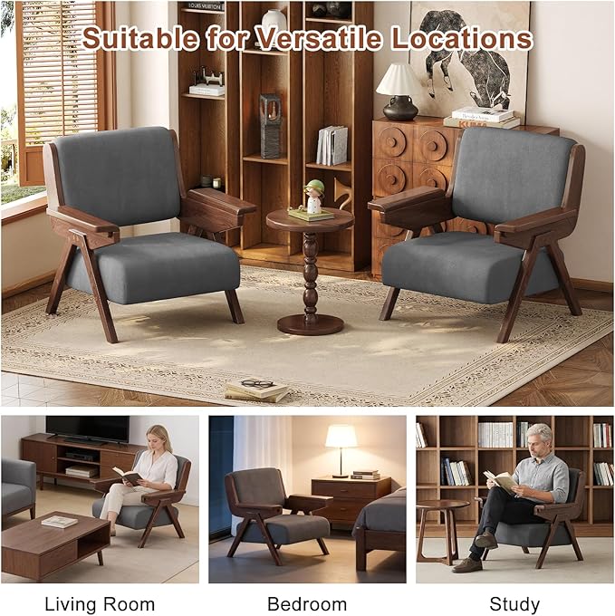 Mid Century Modern Accent Chair, Fabric Upholstered Lounge Arm Chair with Solid Wood Frame for Living Room, Bedroom, Office, Reading Corner (Gray, Single Chair)