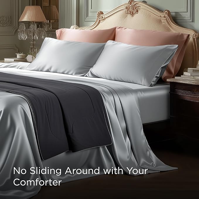 Bedsure Satin Sheets King Size - 4 Piece Silky Bedsheets with 15 Inches Deep Pocket Fitted Bedsheet,1 Flat Sheet, 2 Satin Pillowcases, Good for Hair & Skin (King, Silver Grey)