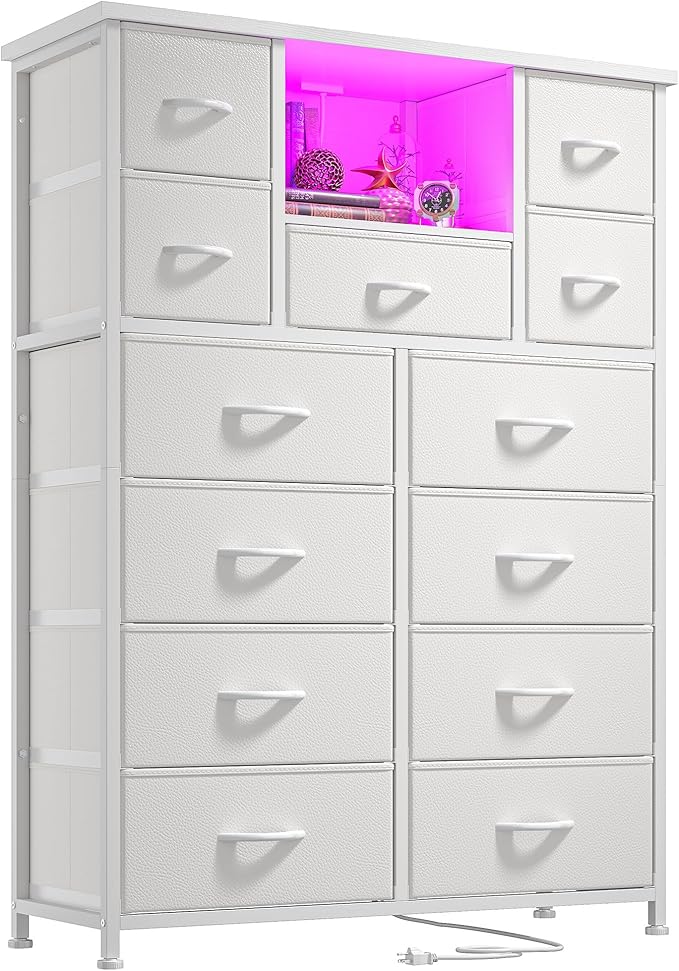 Dresser for Bedroom with 13 Fabric Drawers, White Dresser with LED and 4 Charging Ports and Open Shelves, 47''H Chest of Drawers for Entryway, Hallway