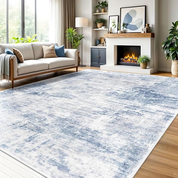 IOHOUZE Abstract Area Rugs 9x12 Ft Washable Large Rugs for Living Room, Non Slip Dining Room Rug, Printed Faux Wool Rugs for Bedroom, Floor Carpet for Office Nursery Playroom, Light Blue White