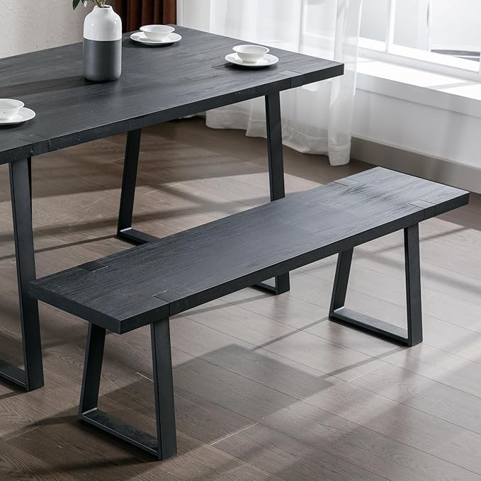 Wooden Dining Bench 60” Industrial Table Benches, Seating Chair Rustic Indoor Benches, Mid Century Kitchen Bench with Metal Legs, Black