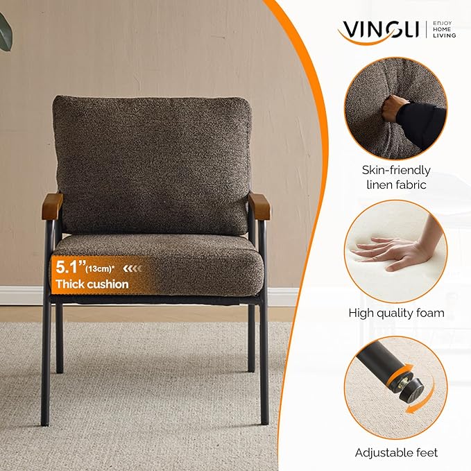 VINGLI Mid-Century Modern Accent Armchiar for Small Space, Small Comfy Upholstered Leisure Reading Chair with Wood Armrest for Bedroom, Living Room, Waiting Room, Linen Expresso