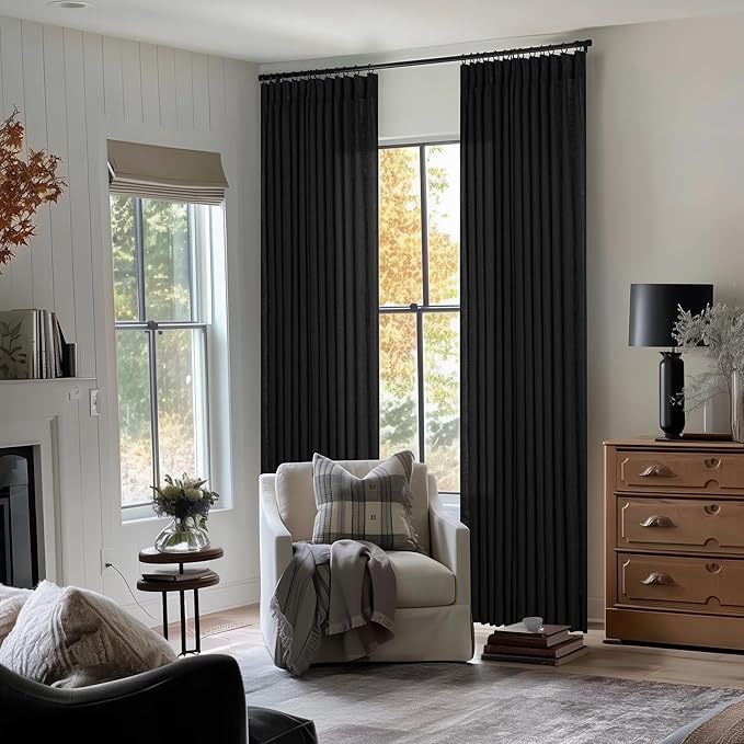Black Linen Semi Sheer Curtains 90 Inches Long for Living Room Bedroom Light Filtering Black Textured Burlap Pinch Pleated Curtains 90 Length Hooks Rings Back Tab for Sliding Door 2 Panels