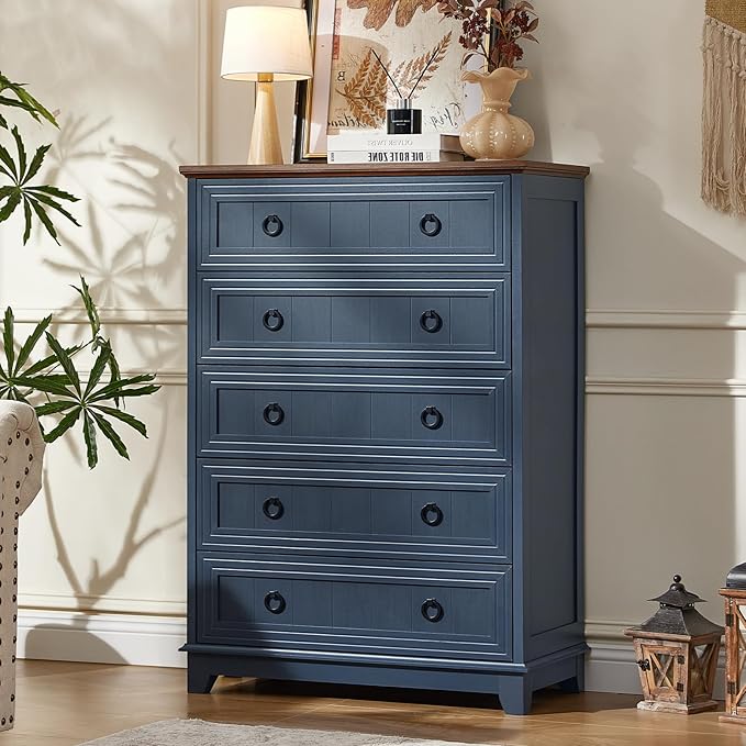 Farmhouse Chest of Drawers with Storage, 42" Tall Dresser for Bedroom, 5 Drawer Navy Blue Dresser with Metal Handle, Organizer Closet for Living Room, Hallway, Entryway