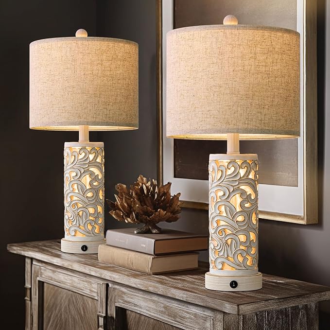 OYEARS 22'' Table Lamp Set of 2 for Living Room,Farmhouse Lamp for for Bedroom,Vintage Retro Bedside Lamps with USB Ports Linen Shade for Home Office (Wash White, Bulb Included)