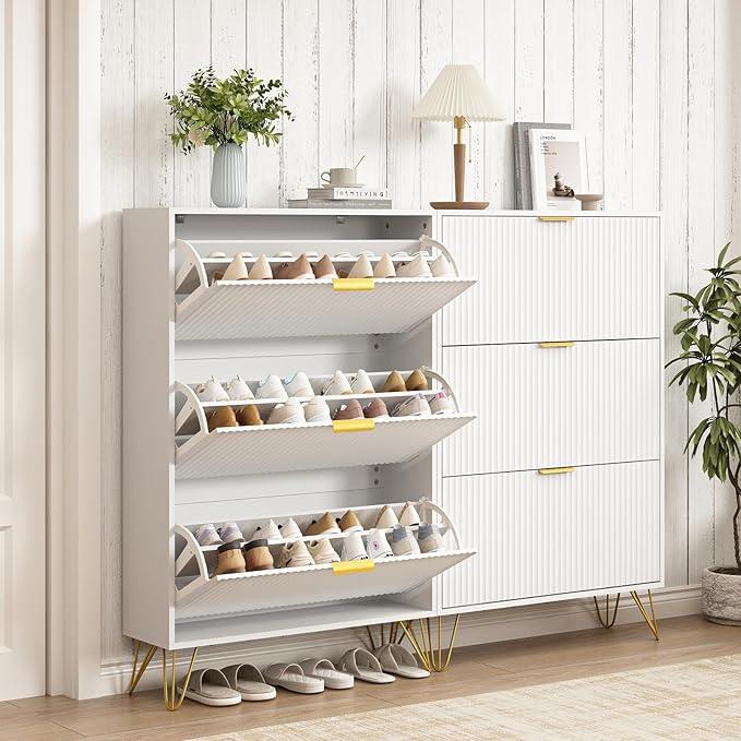 Slim Shoe Cabinet with 3 Flip Drawers, Fluted Shoe Cabinet Storage for Entryway, Narrow Shoe Storage Cabinet, Modern Freestanding Shoe Rack Organizer for Entryway, White