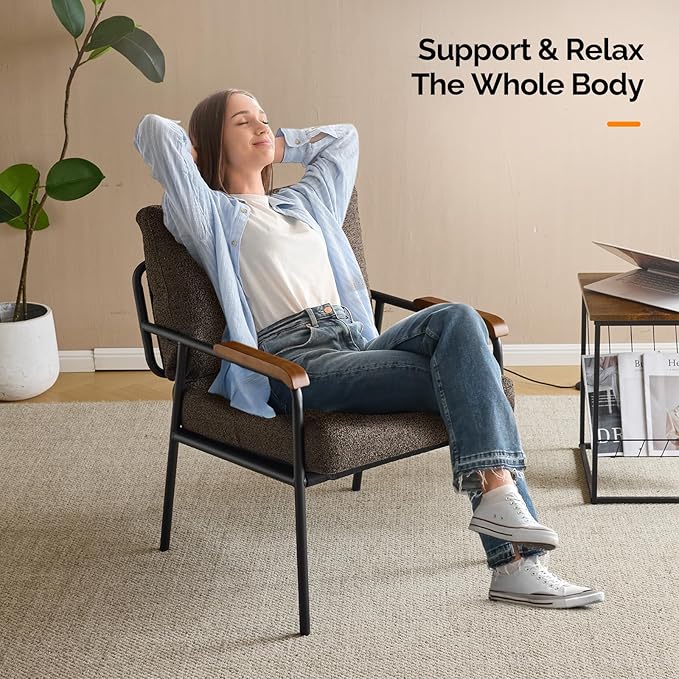 VINGLI Mid-Century Modern Accent Armchiars Set of 2 for Small Space, Small Comfy Upholstered Leisure Reading Chairs with Wood Armrests for Bedroom, Living Room, Waiting Room, Linen Expresso