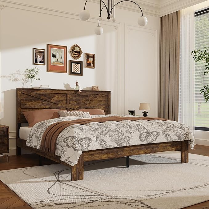 King Size Bed Frame with Farmhouse Headboard, Rustic Boho Wooden Bedframe with LED Lights and Charging Station, Easy Assembly, No Box Spring Needed (Brown, King)