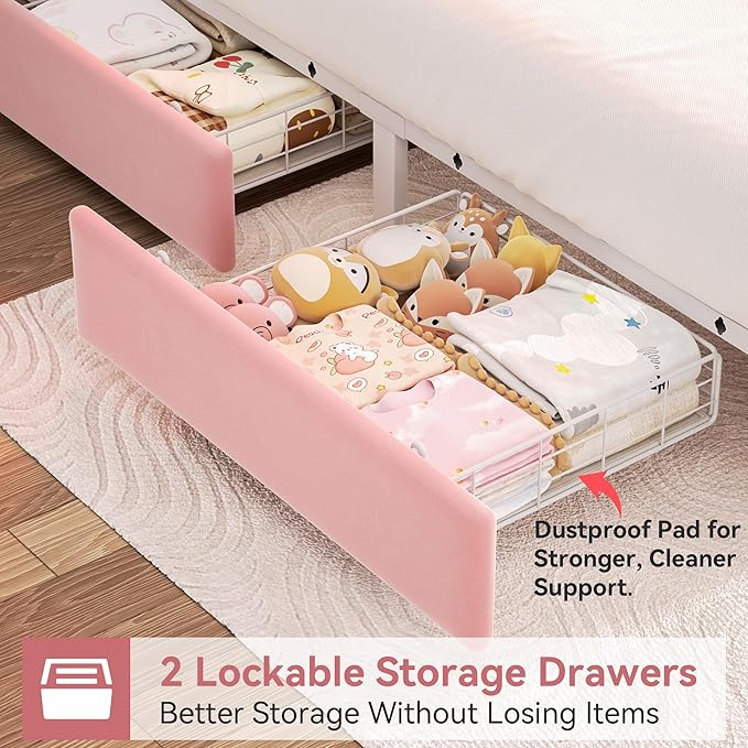 Queen Upholstered LED Bed Frame with 2 Storage Drawers and 2-Tier Storage Headboard,Velvet Princess Platform Bed with Charging Station & Bookcase,Heavy Duty Metal Support,No Box Spring Needed,Pink