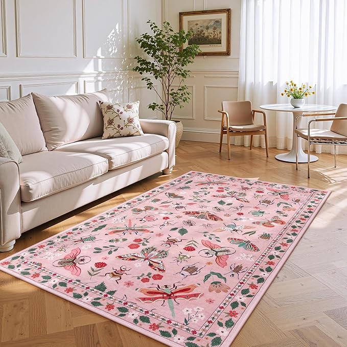 Lahome Insect Washable Small Area Rug, 3x5 Area Rug for Bedroom Living Room, Non-Slip Soft Accent Throw Carpet for Kitchen Office Entryway Bathroom Office, Pink