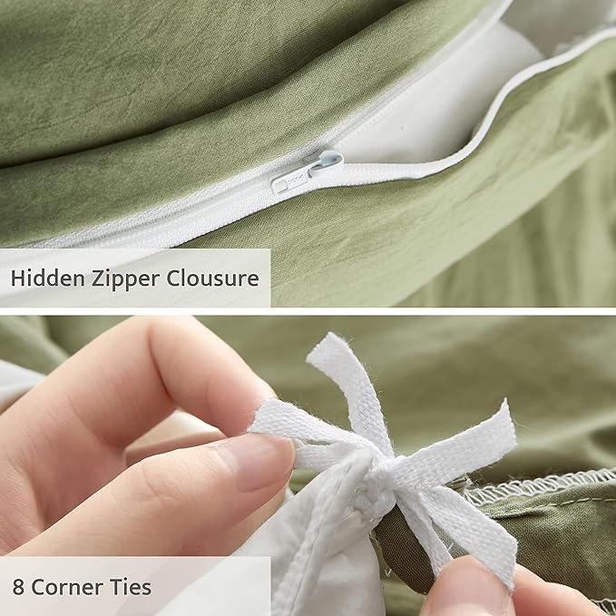 Oli Anderson Sage Green Duvet Cover Queen Size - Pleated Queen Duvet Cover, 3PCS Soft and Breathable Textured Bedding Set with Zipper Closure(Sage Green,90"x90")