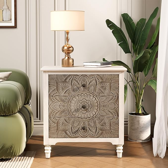 COSIEST 3 Drawers Nightstand Set of 2, Accent Dresser, 29'' Tall Wood Vintage Small Accent Chest, Bedside Table,Bedroom Furniture for Home, Entryway (Lotus Pattern)