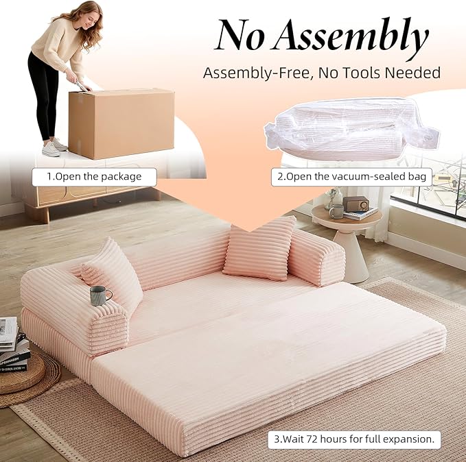 Convertible Futon Sofa Bed, Fold Out Floor Sofa Couch with Sleeper Sofa,Folding Boneless Couches with Deep Seat,Cloud Corduroy Foldable Mattress Couch for Living Room (Pink)