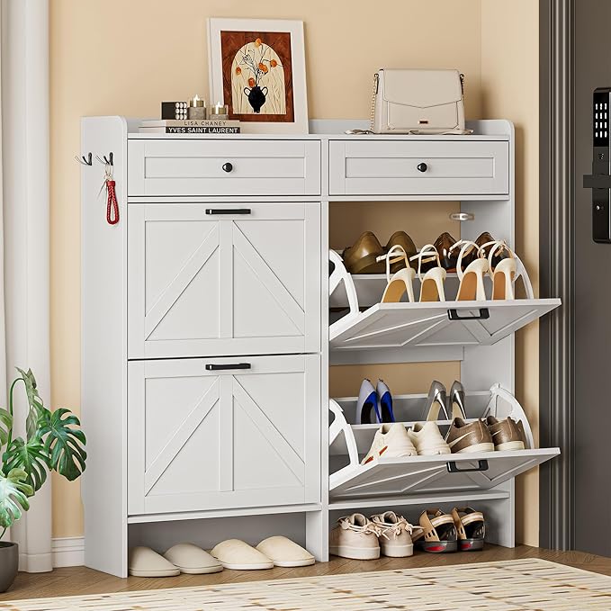 Shoe Storage Cabinet for Entryway, Farmhouse Wide Shoe Cabinet with 4 Flip Drawers and 2 Top Drawers, Freestanding Organizer with Adjustable Shelves, Hooks, and Anti-Tip Kit for Hallway