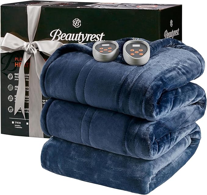 Beautyrest Heated Blanket, Electric Blanket, Soft, Warm, Reversible Plush - Sherpa Heating Blanket with 20 Heat Settings, 1-10 hrs Timer Auto Shut Off, Machine Washable, Queen (90 inx84 in), Indigo