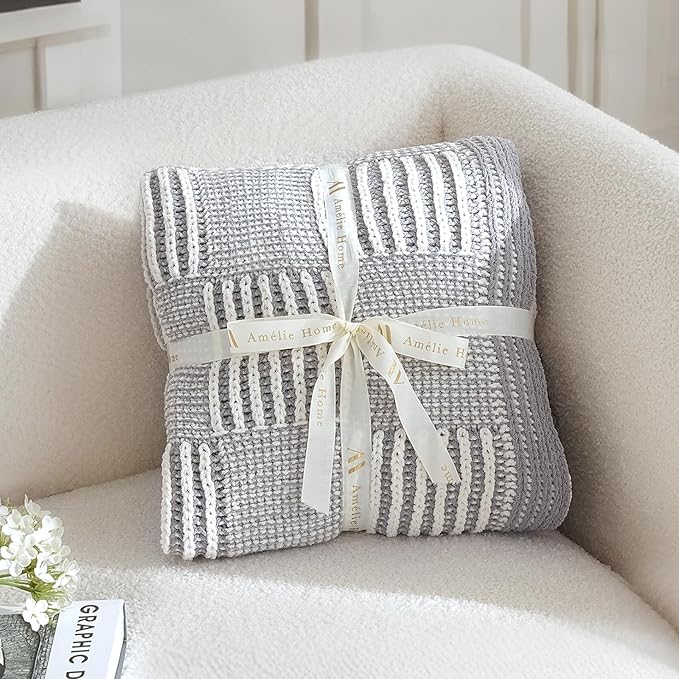 Amélie Home Checkered Knit Throw Blanket for Couch, Chenille Texture Decorative Soft Blanket for Sofa & Chair, 50"x60", Grey & White