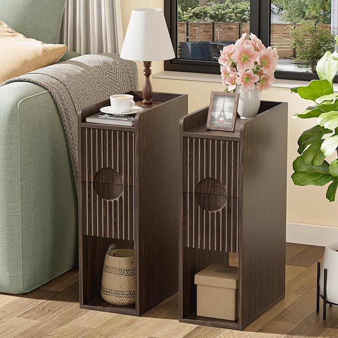 Narrow Nightstand Set of 2, Wood 2 Drawer Narrow Nightstand, Skinny Night Stand with Open Storage, Mid Century Modern Slim Bedside Table for Bedroom, Walnut