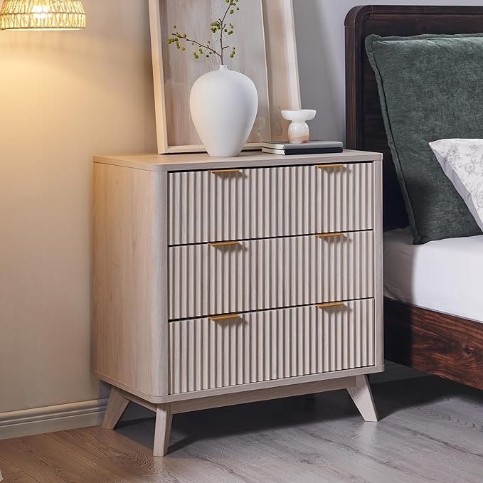 T4TREAM Fluted 3 Drawers Nightstand Set of 2, Oversized Extra Large Modern Side Table, End Table Bedside for Bedroom, Living Room, Curved Profile Design, White Alder